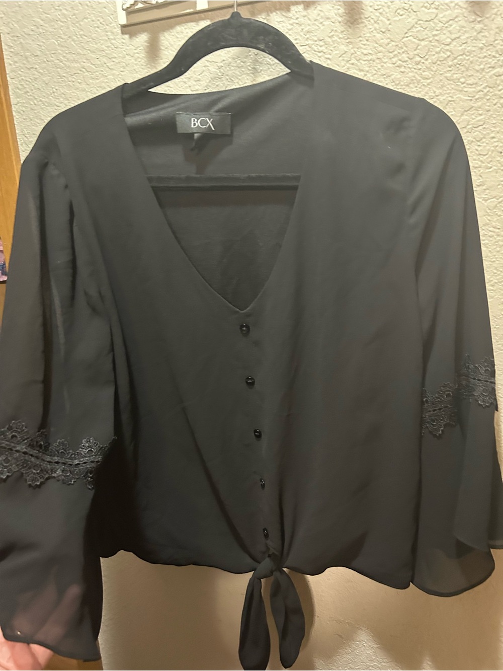 BCX Black V-Neck Button Tie-Front Blouse with Lace Bell Sleeves